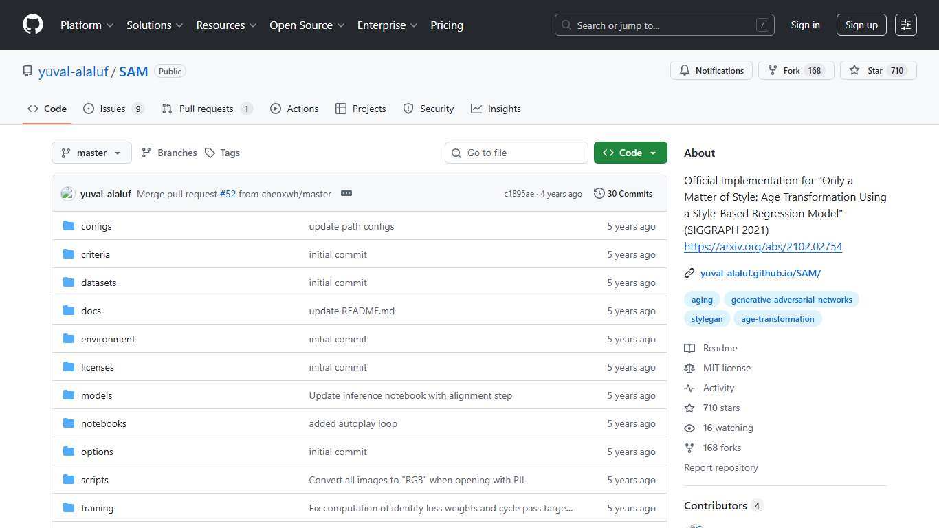 GitHub - yuval-alaluf/SAM: Official Implementation for "Only a Matter of Style: Age Transformation Using a Style-Based Regression Model" (SIGGRAPH 2021) https://arxiv.org/abs/2102.02754